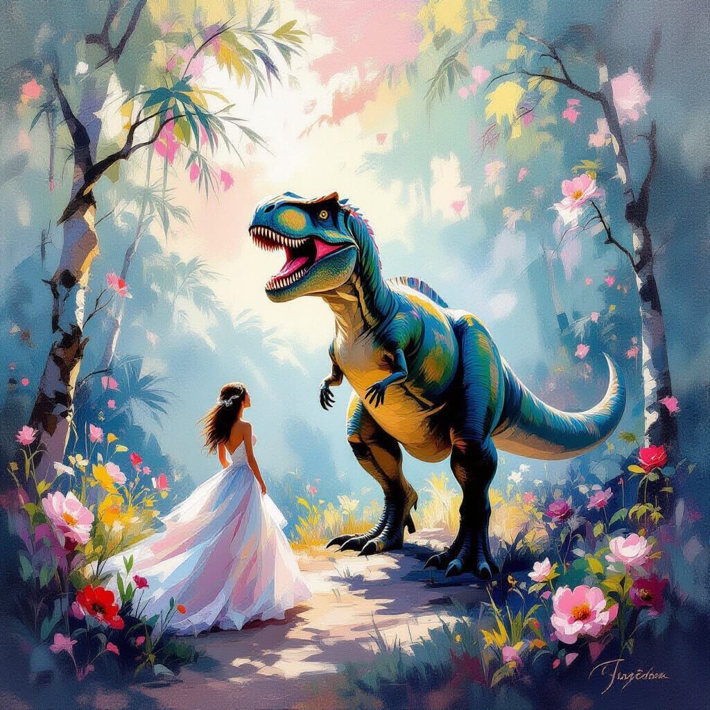 T-Rex and Princess in Rococo Dreamscape