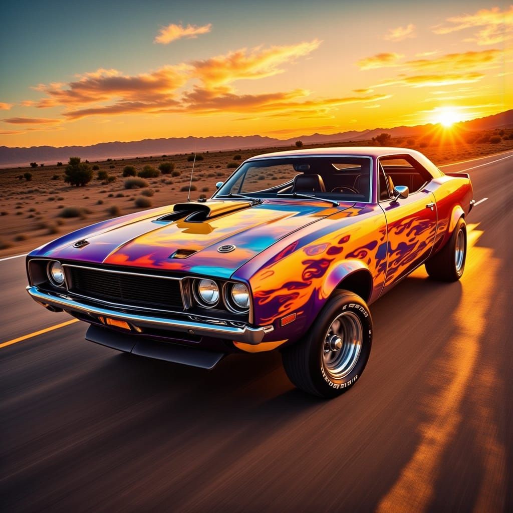 Muscle Car Hood with Airbrushed Flames in Synthwave Style