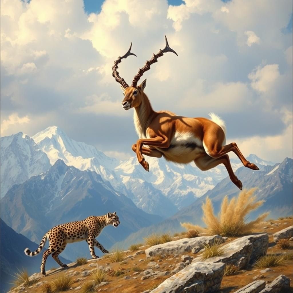 Bharal Leaps from Snow Leopard in Himalayas