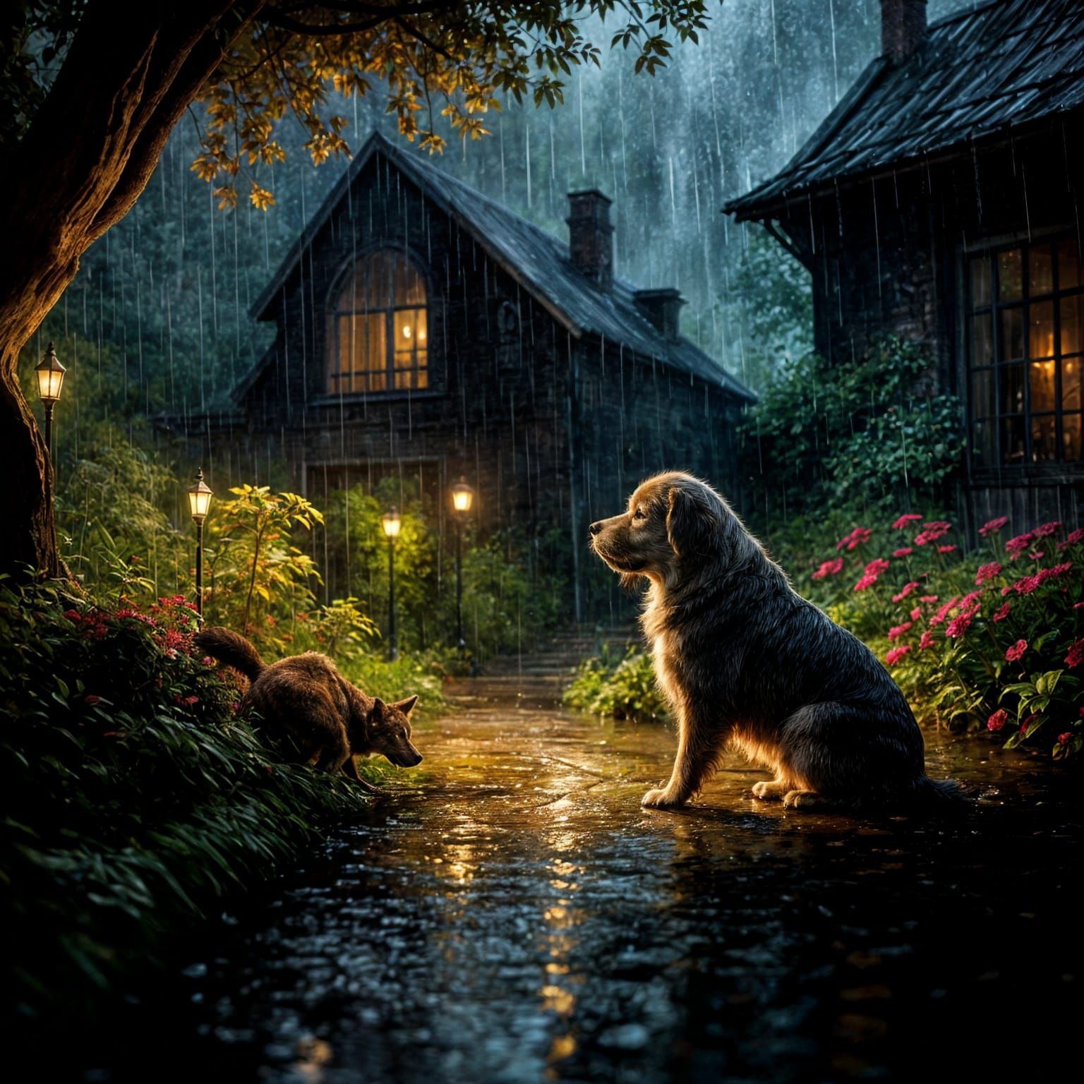Dog in Rainy Garden, Over Shoulder View