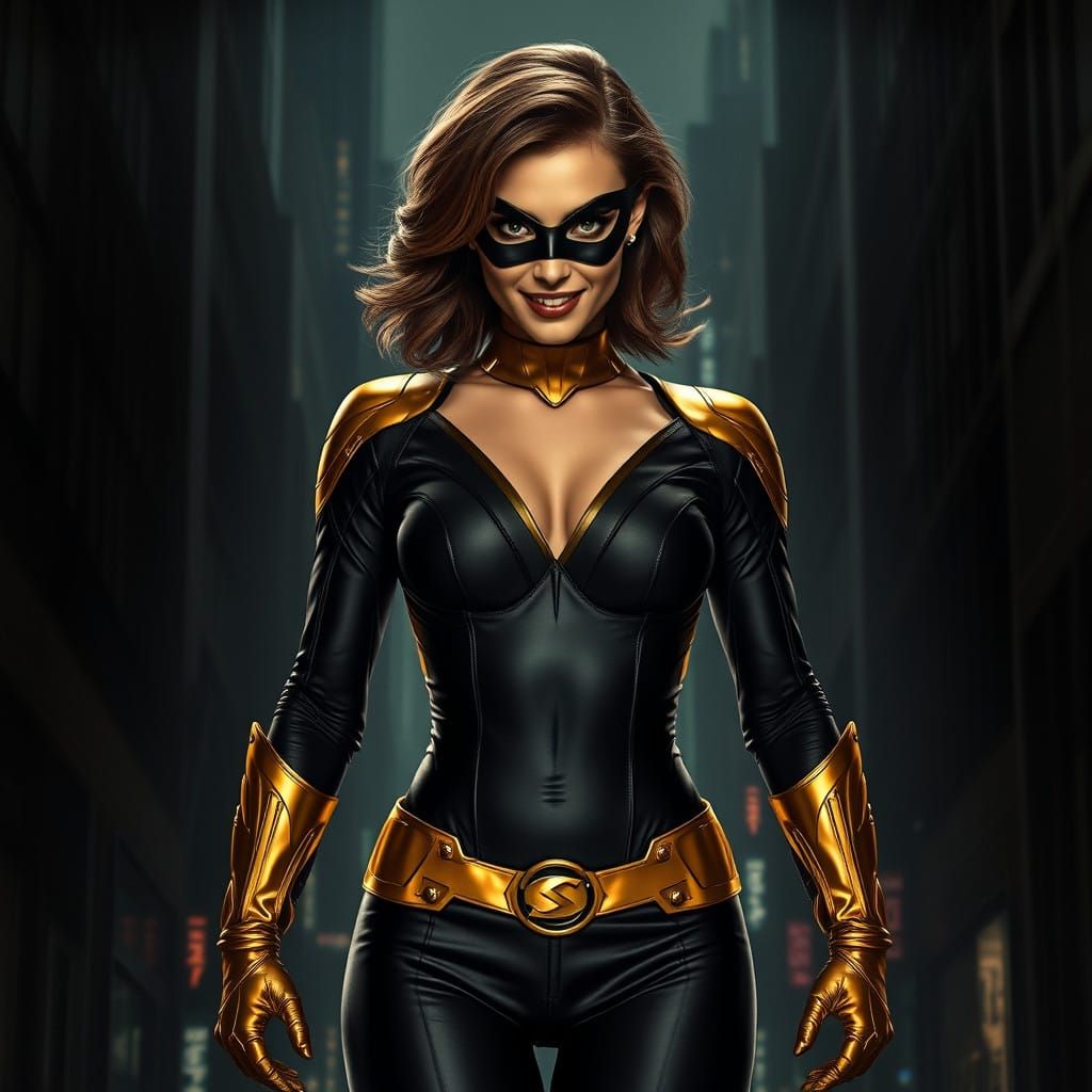 Superheroine Dominates Dark Cityscape in Elegant Black and G...