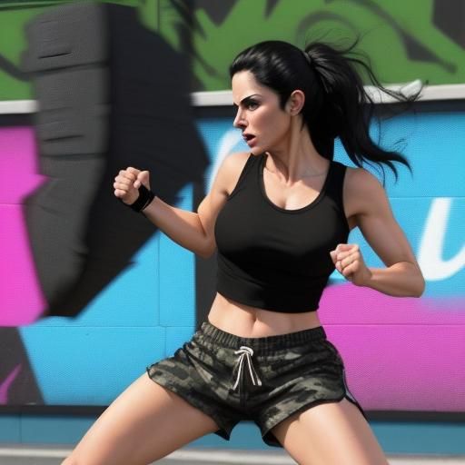 Athletic Woman Kicks Thug in Synthwave Neon Style