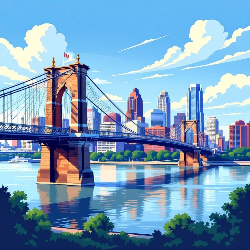Cincinnati Skyline and Roebling Bridge in Vector Style