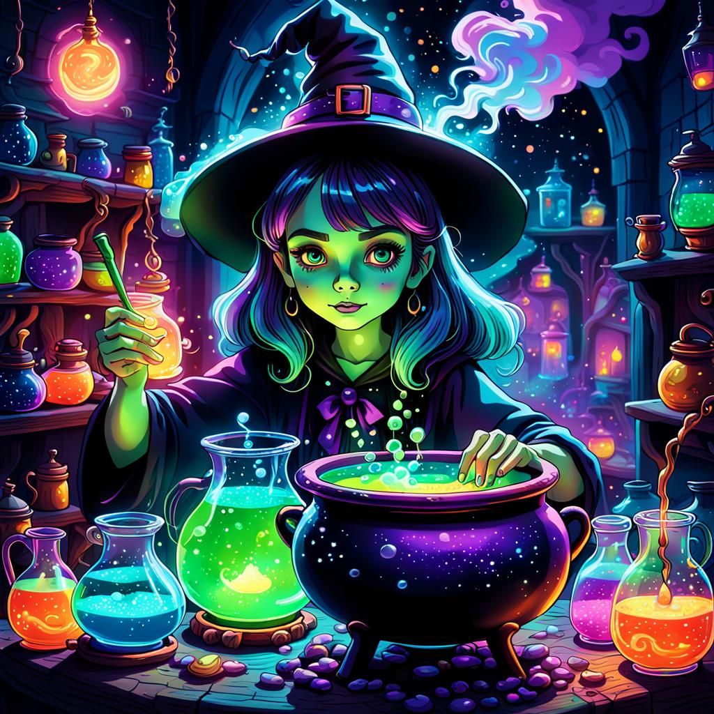 Adorable Fluorescent Witch Brewing Potion in Neon Fantasy Ar...