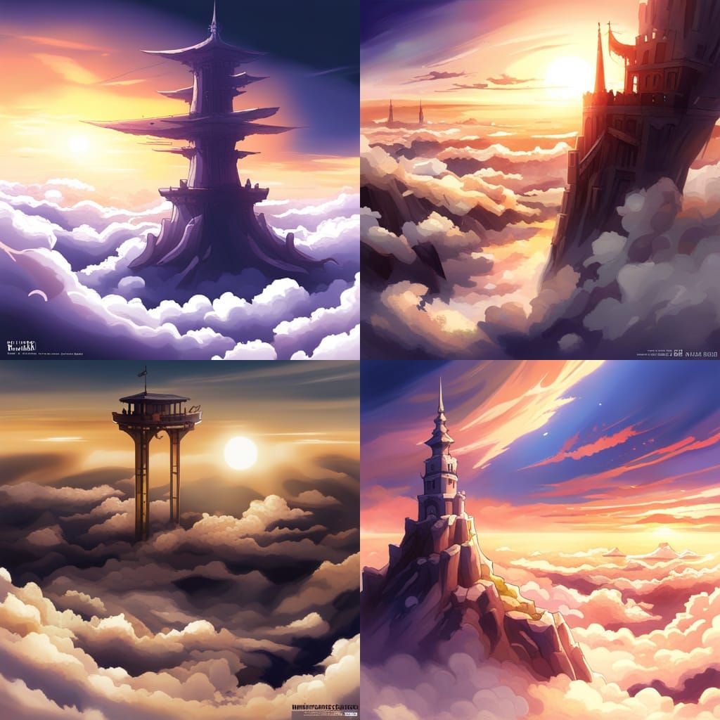 Towering Structure Above Clouds in Anime Style