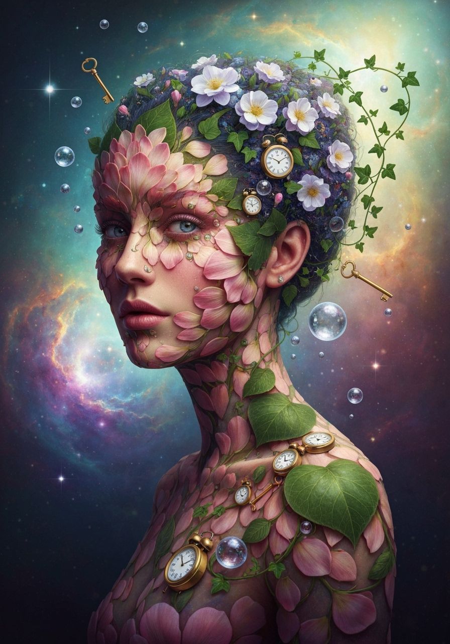 Surreal Flower Woman with Dreamlike Objects