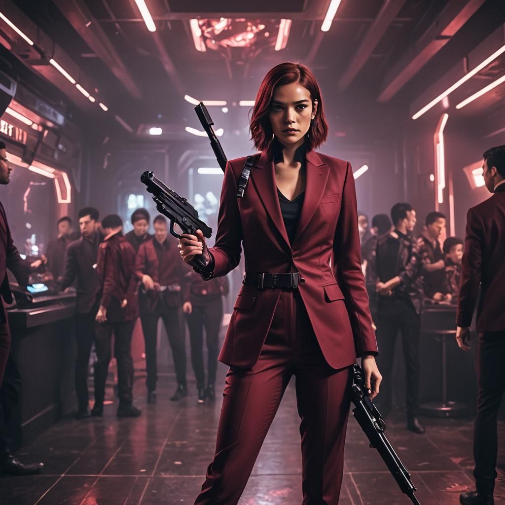 Sci-Fi Woman in Maroon Suit with Weapon