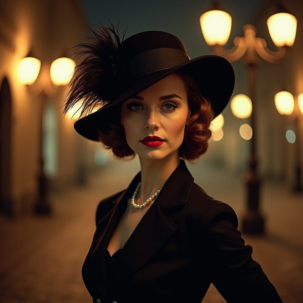 Elegant Woman in 1940s Style Under Streetlights