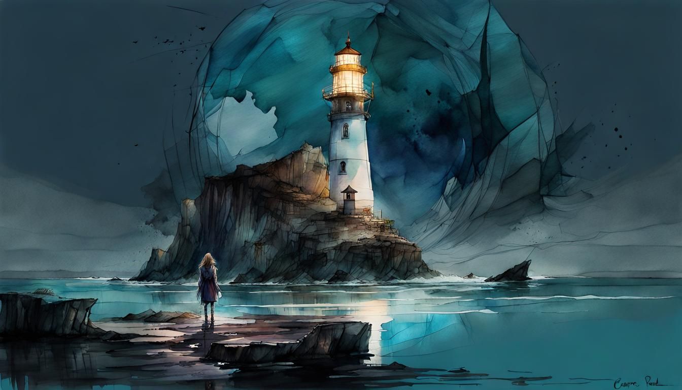 Serene Lighthouse at Night in Digital Watercolor