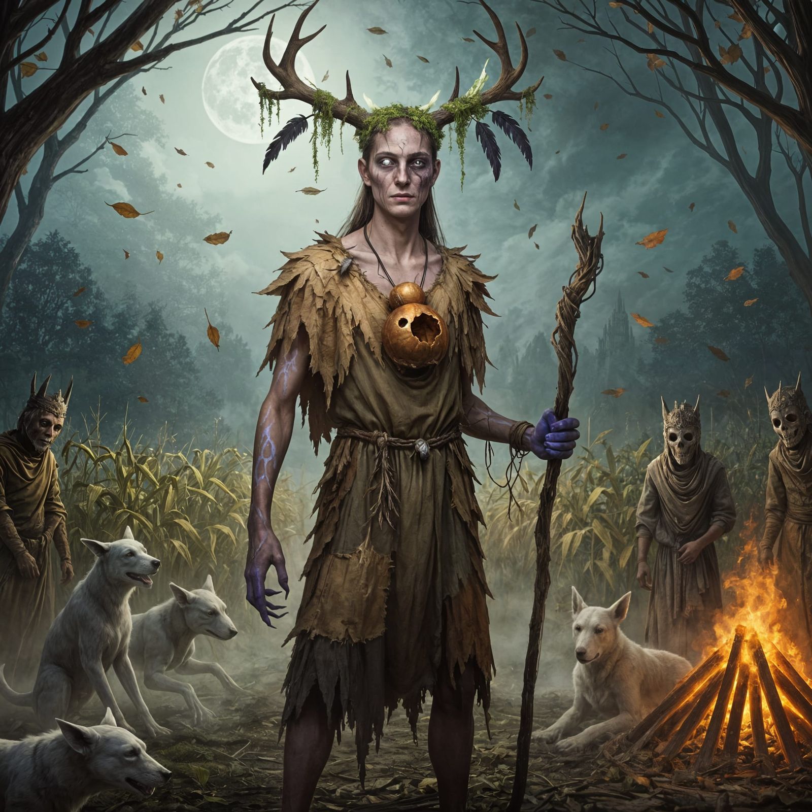 Mythic Folk Horror Harvest Ritual in Chiaroscuro