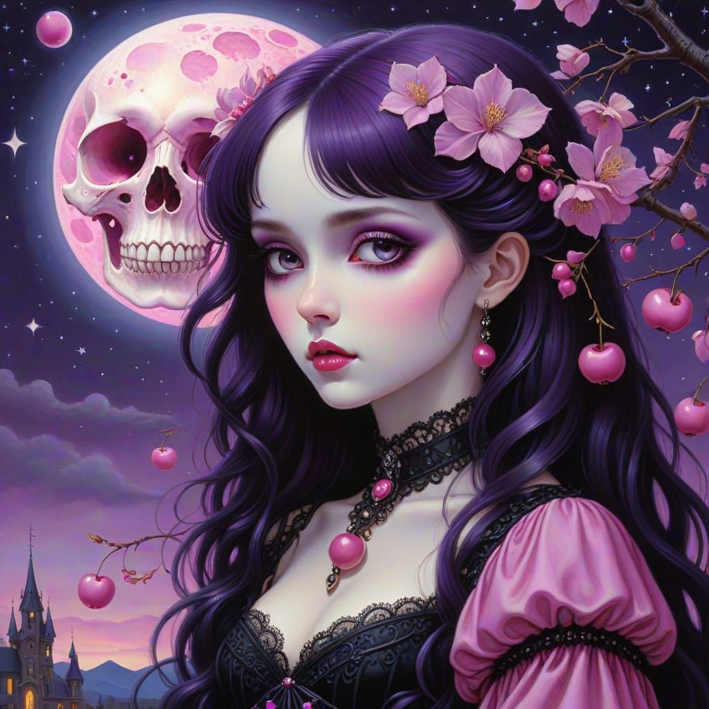 Goth Girl under Cherry Moon in Fantasy Art Style