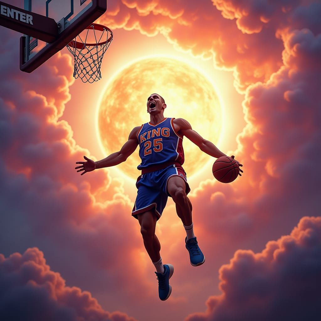 Basketball Player Dunks with Supernova Explosion Background