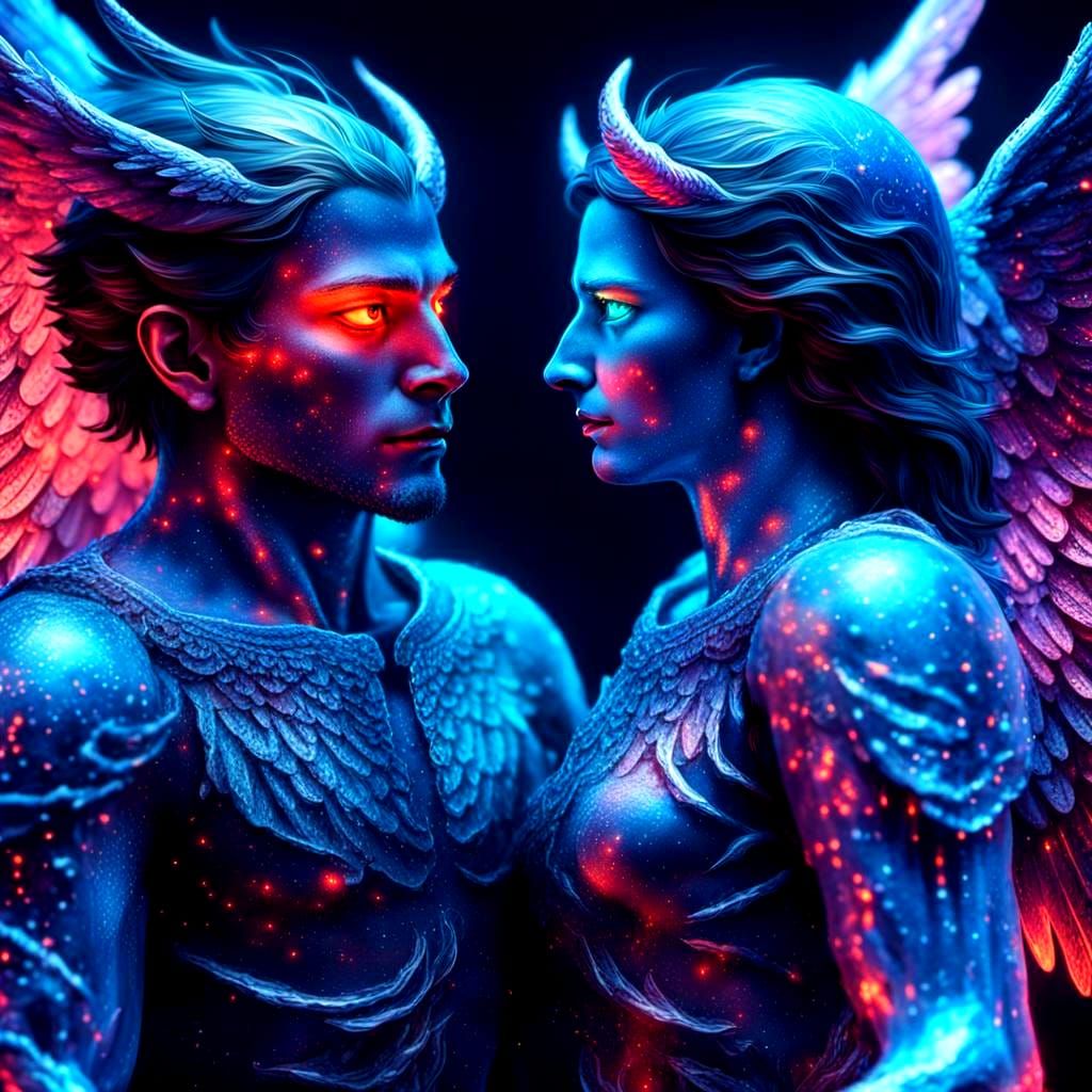 Fiery Demon and Ice Angel Embrace in Neon
