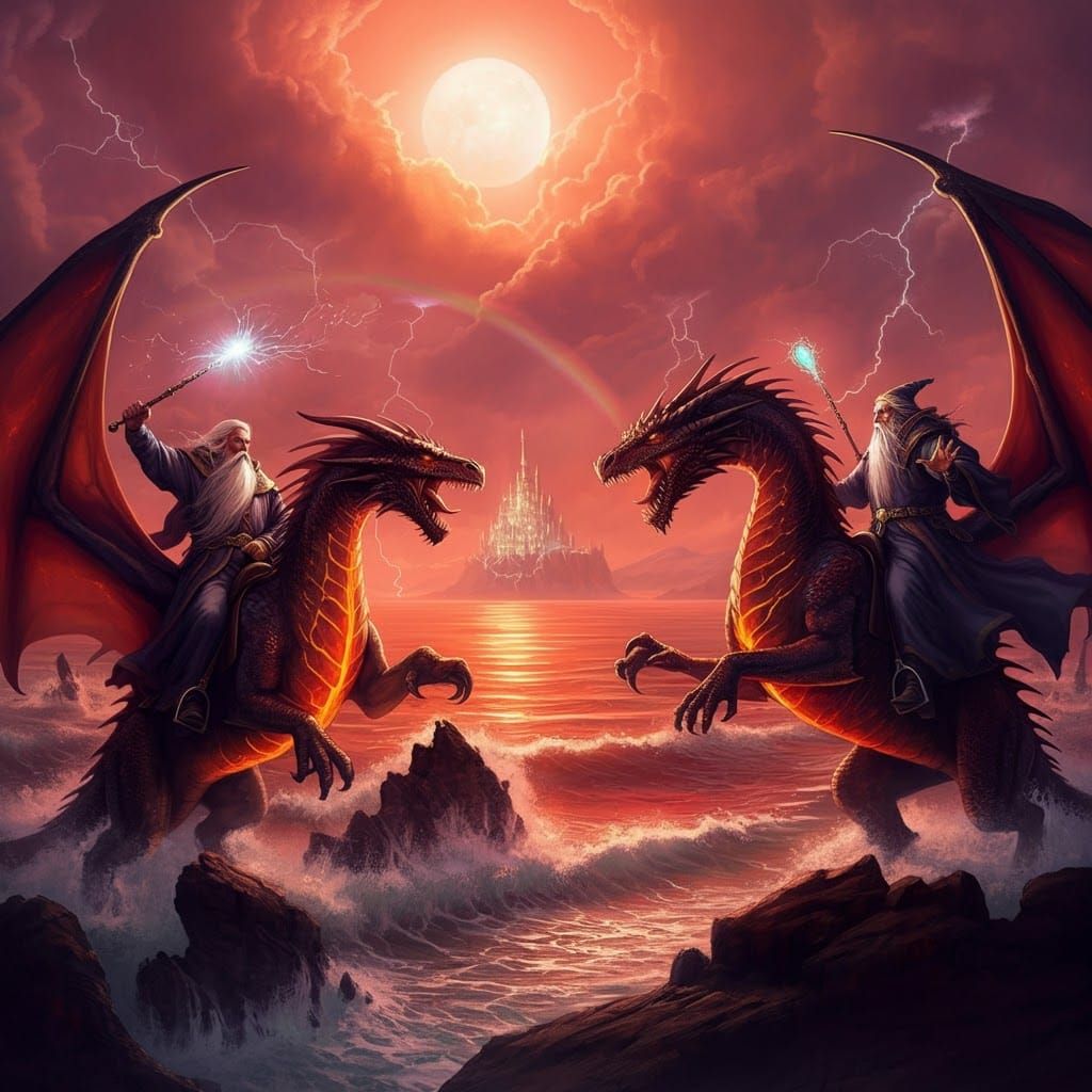 Epic Wizard Dragon Battle in a Stormy Sky