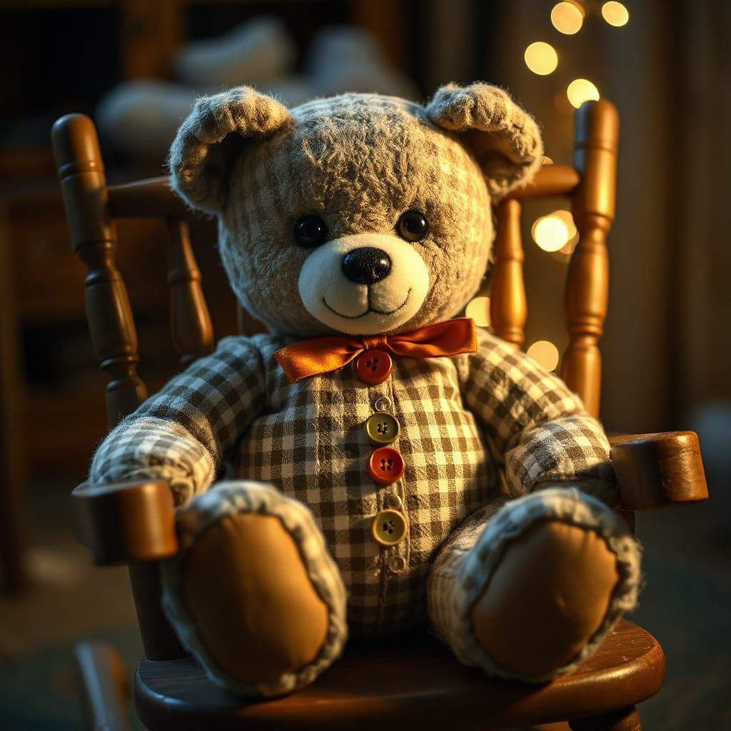 Patchwork Teddy Bear in Rocking Chair, Detailed Embroidery