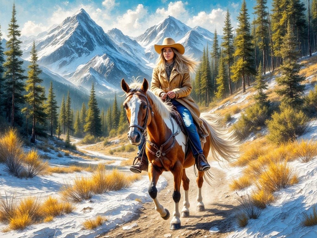 Surreal Western Goddess Rides Impressionistic Mountain Pass