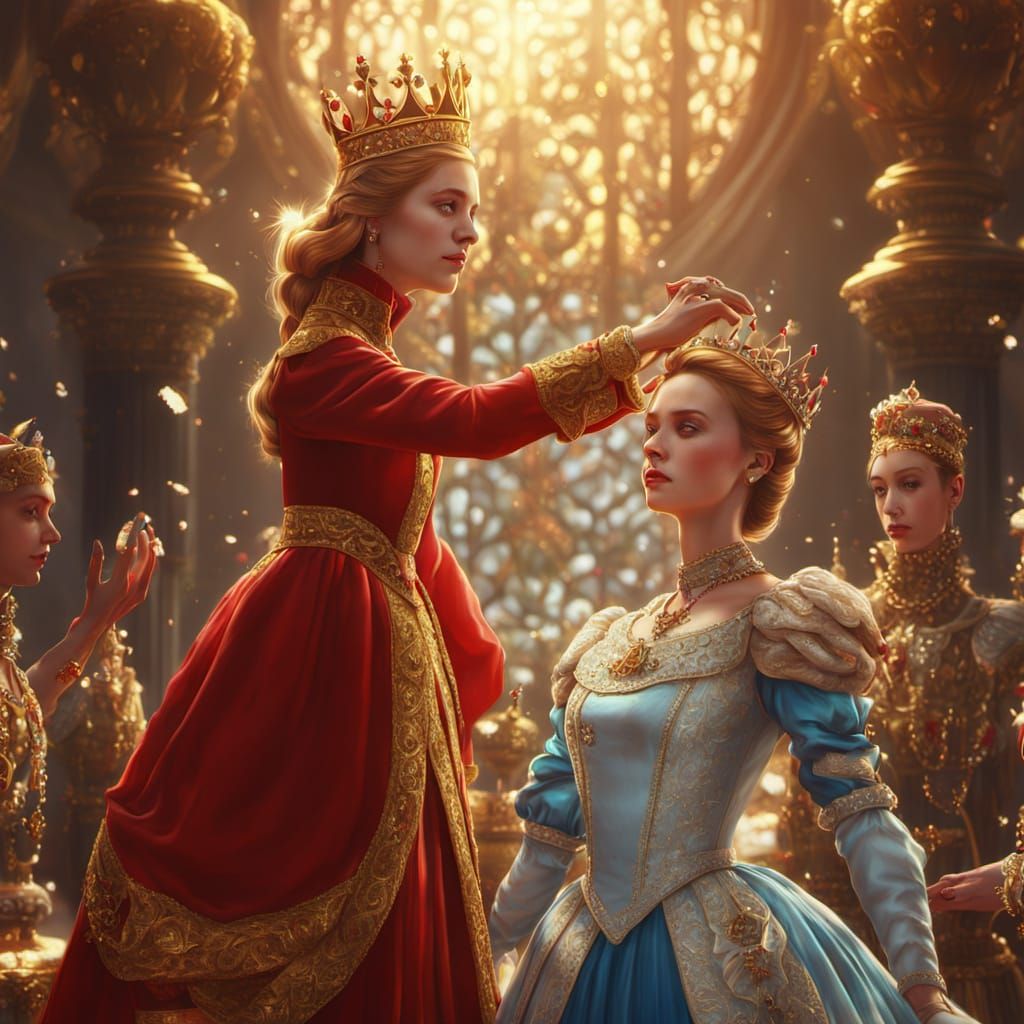 Red Queen Grabs Alice in Fantasy Oil Painting