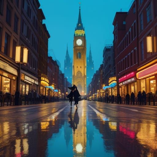 Romantic Film Still of Woman in City at Night