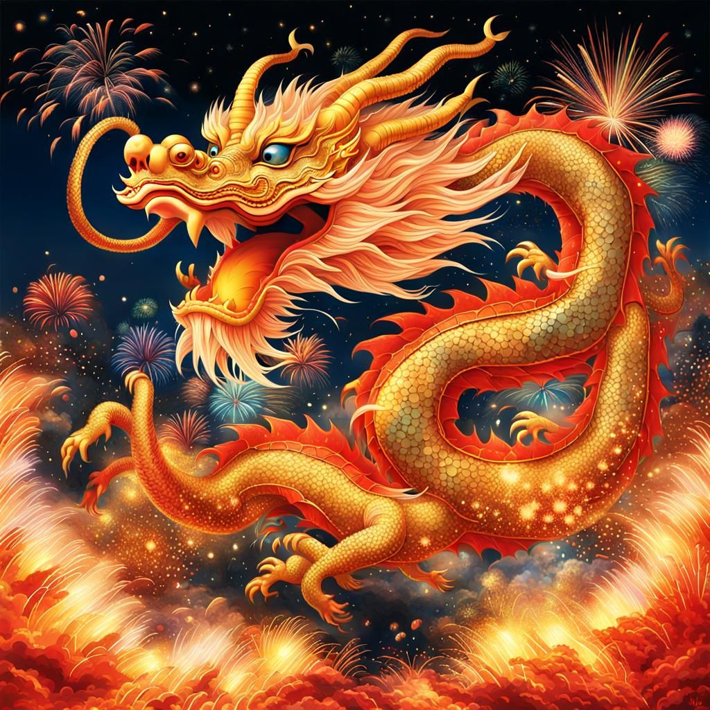 Chinese Dragon Emerges in Golden Fireworks Display