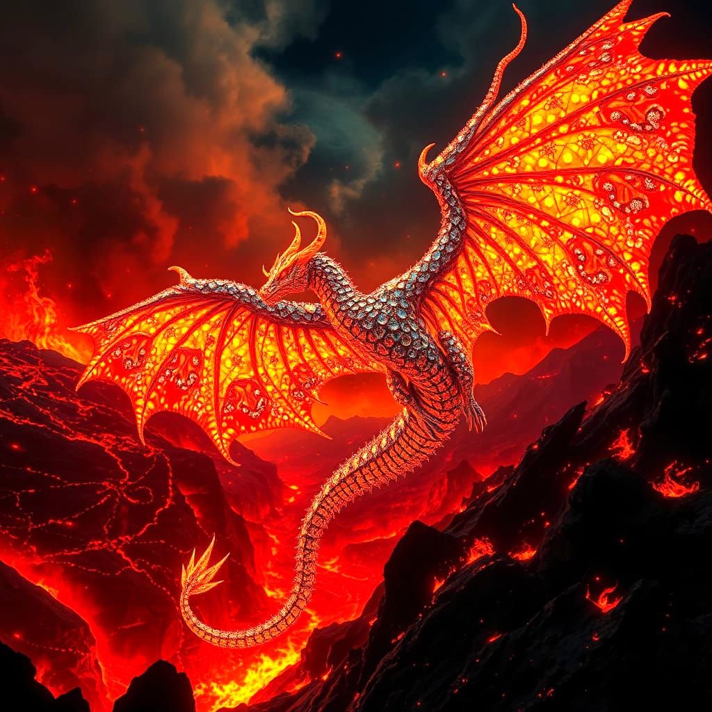 Embroidered Dragon Soaring Through Volcanic Landscape