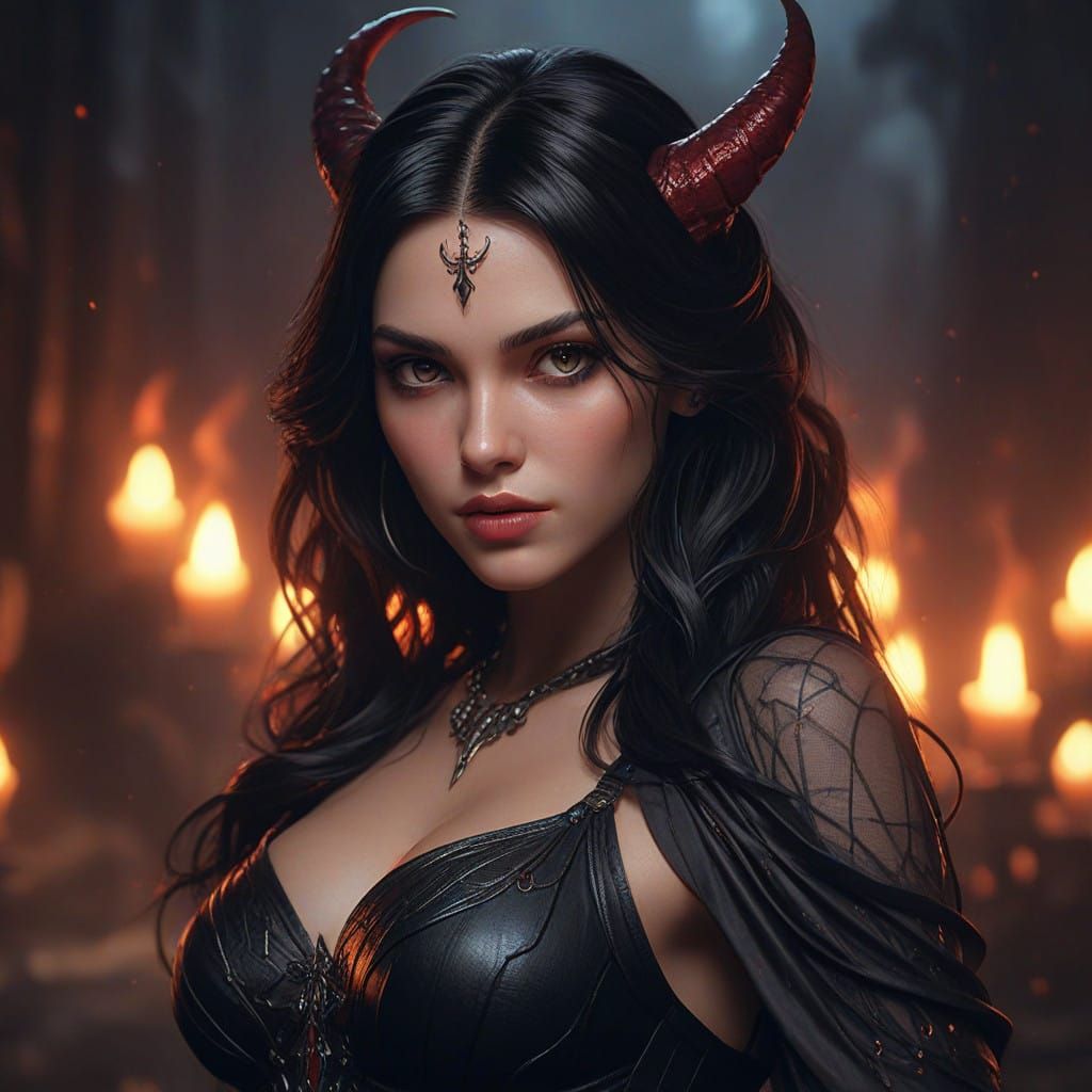 Sensual Demon Goddess with Dark Beauty and Horns