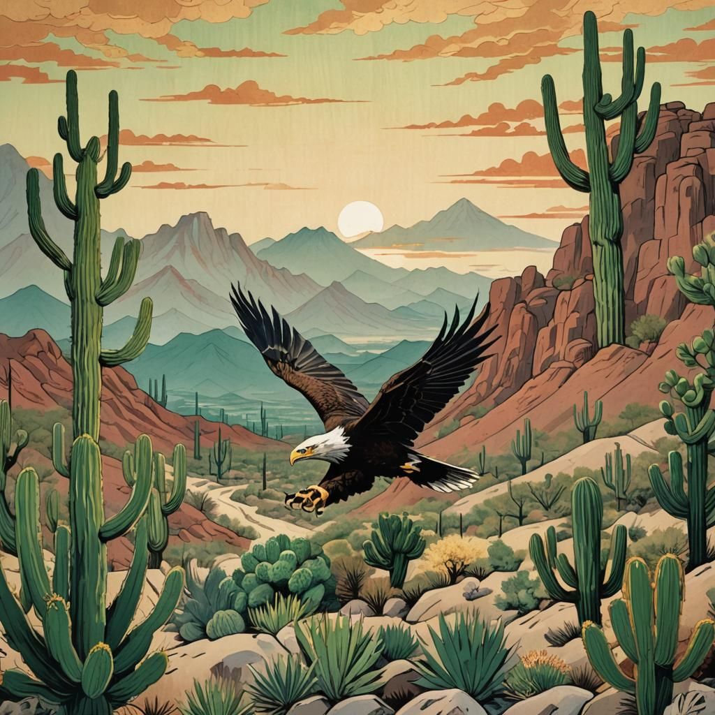 Eagle Soaring Over Arizona in Ukiyo-e Style