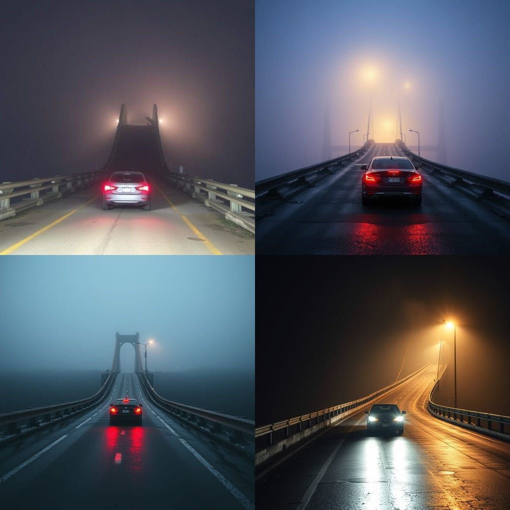 Misty Night Crash Scene with Wrecked Bridge