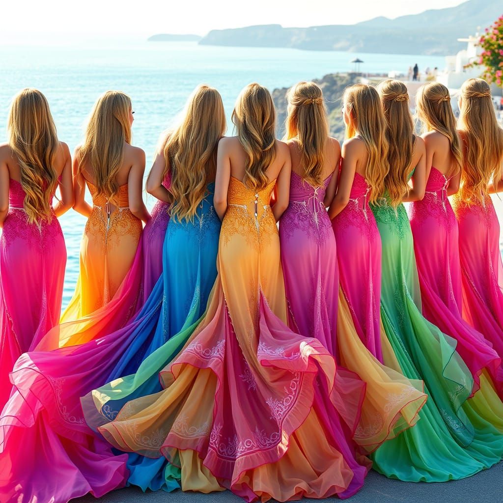Santorini Goddesses in Vibrant Flying Dresses