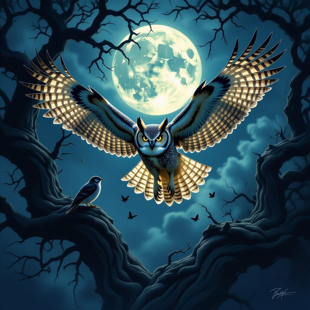 Great Horned Owl Grabs Sparrow in Dark Fantasy Art