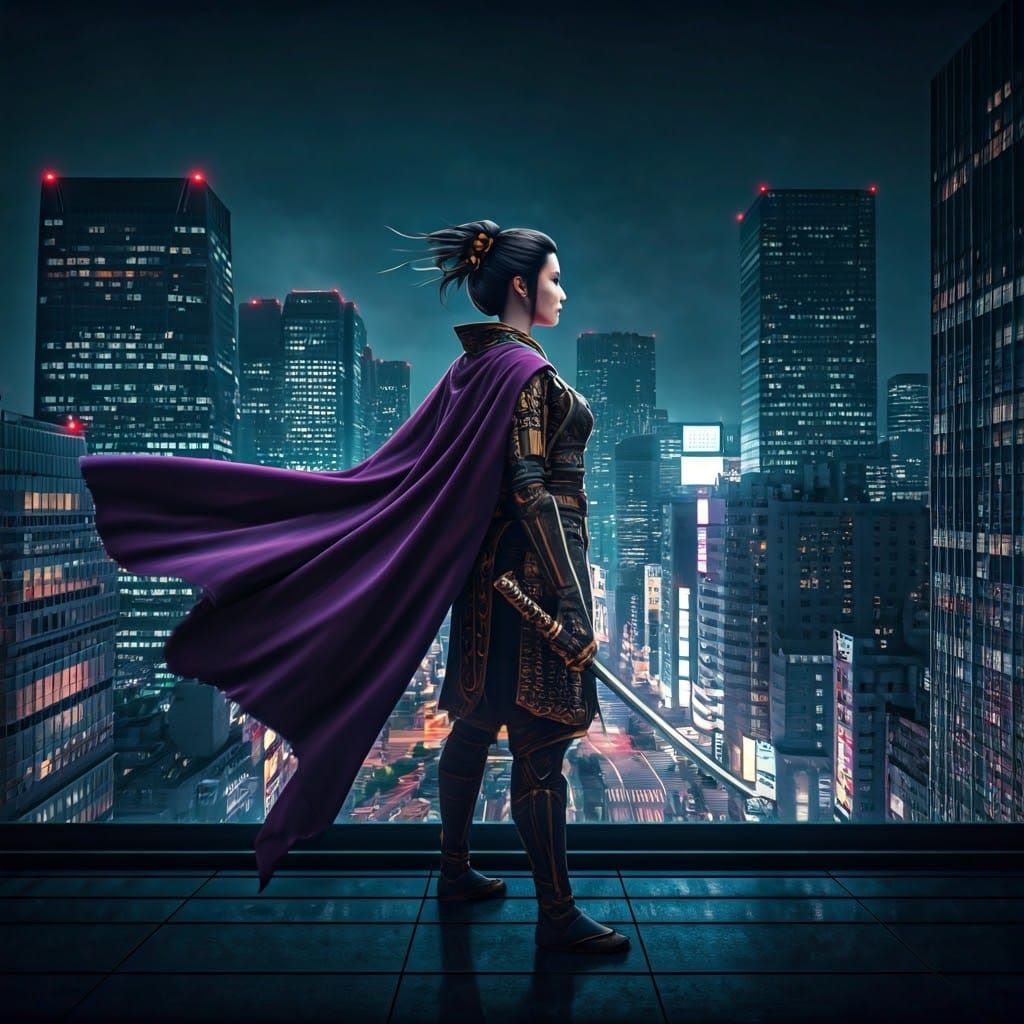 Superhero Geisha in Futuristic Tokyo Skyline