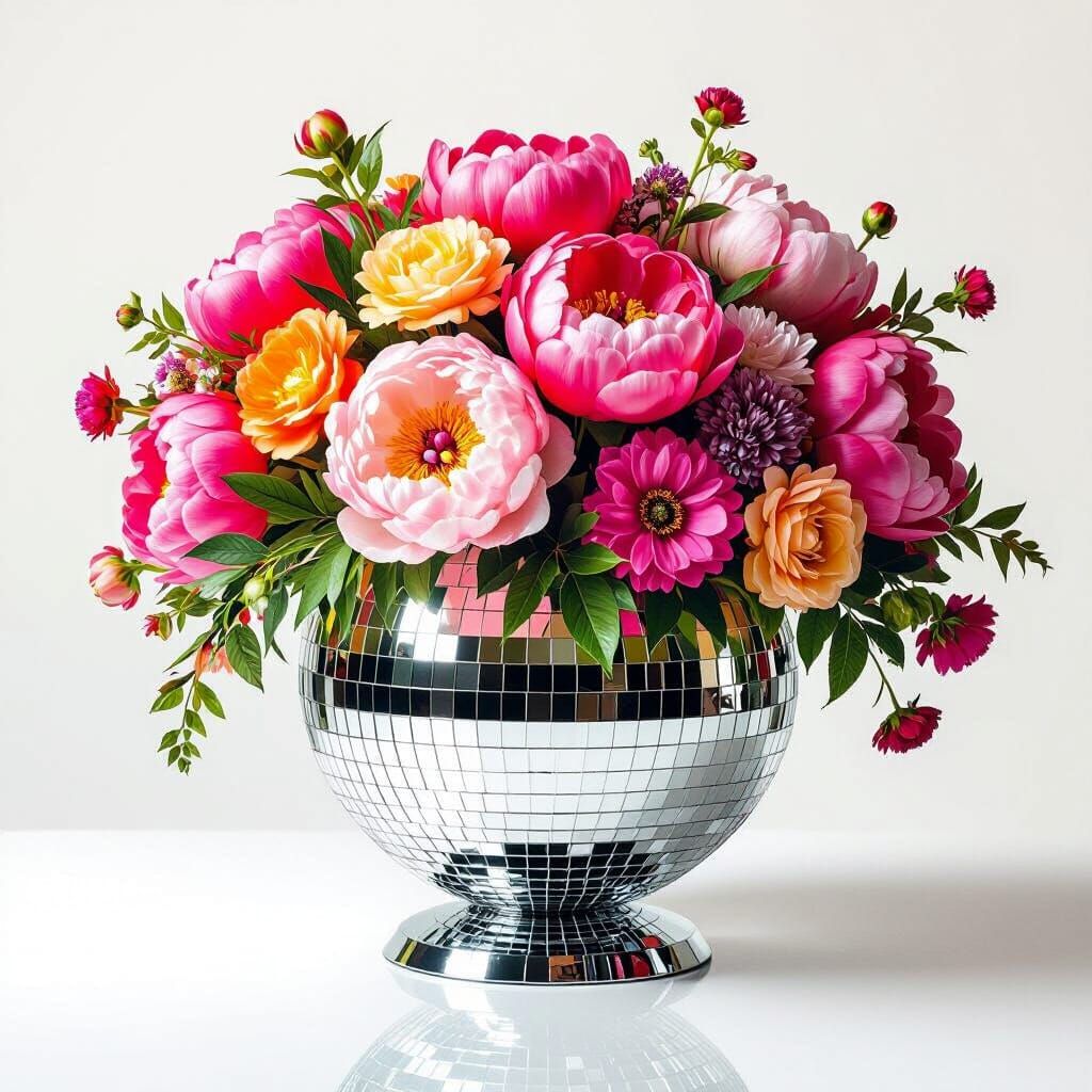 Peonies Overflowing Disco Ball Vase Reflecting Light