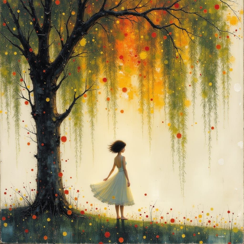 Lady Under Weeping Willow in Mixed Media