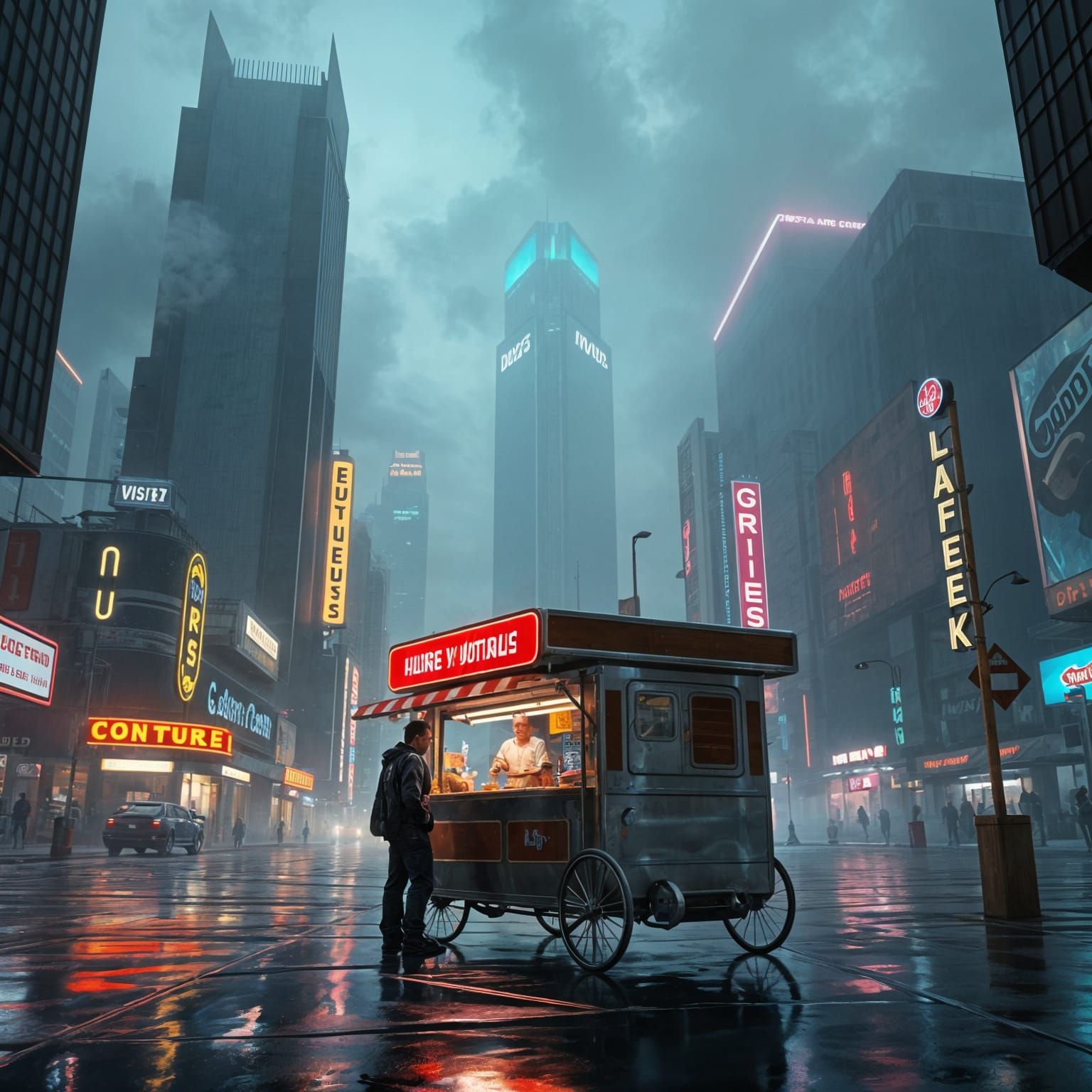 A futuristic dark city street lit only by bright neon Signag...