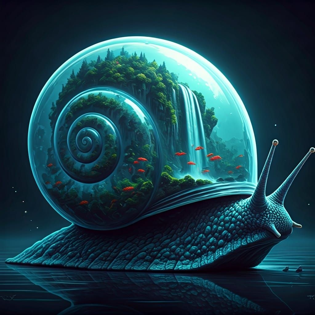 Colossal Water Snail with Waterfall Landscape