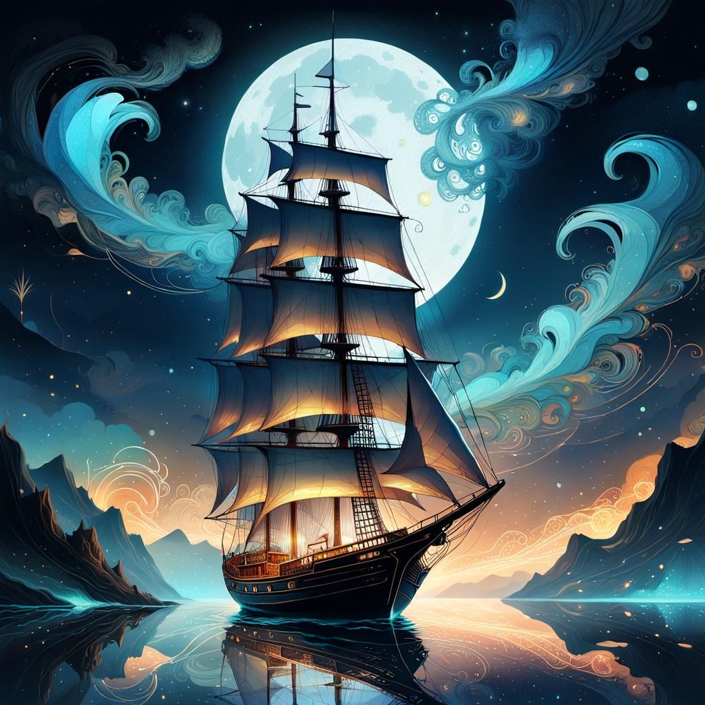 Elegant Sailboat Under Moonlight: Digital Art
