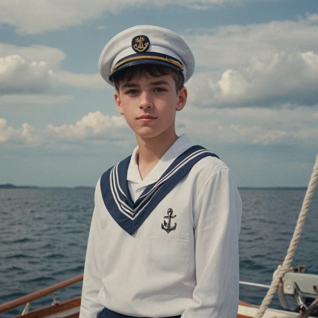 Teenage Boy in Sailor Uniform on Boat
