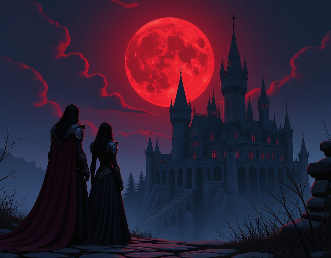Serana and Dragonborn Under Blood Moon