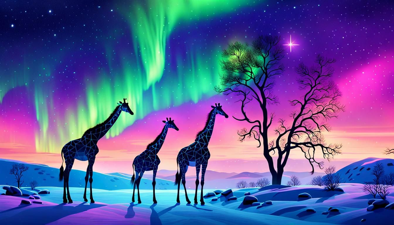 Giraffes Under the Celestial Aurora