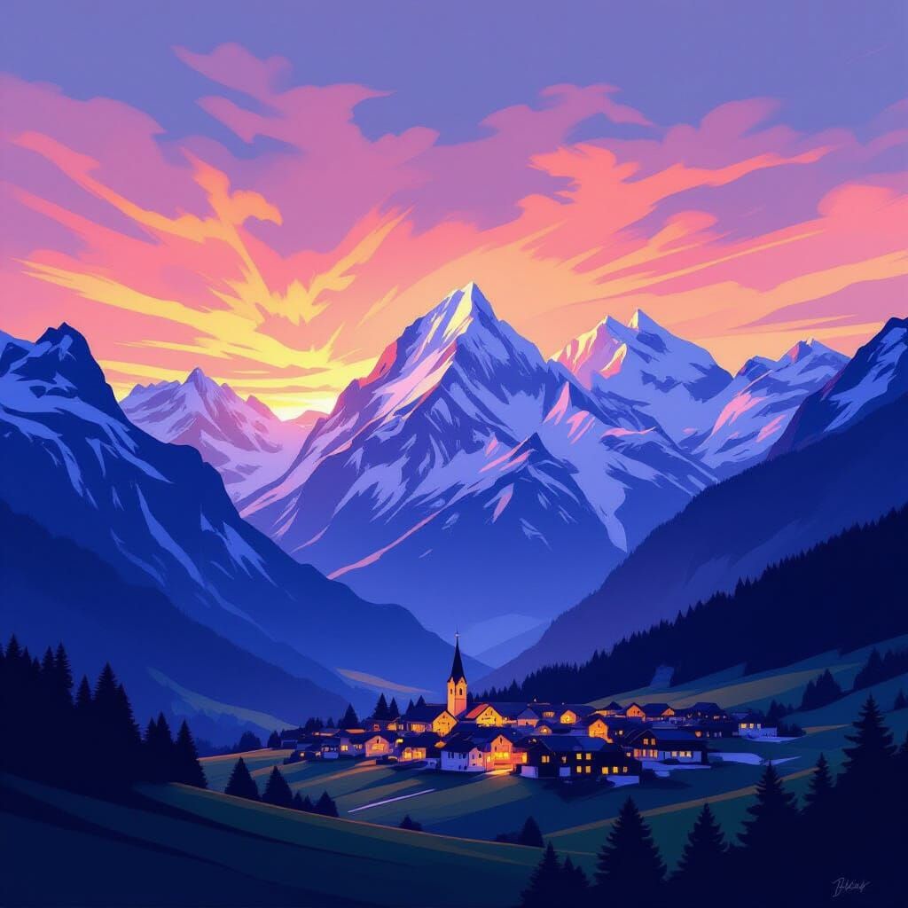 Swiss Alps Panorama at Dawn in Painterly Style