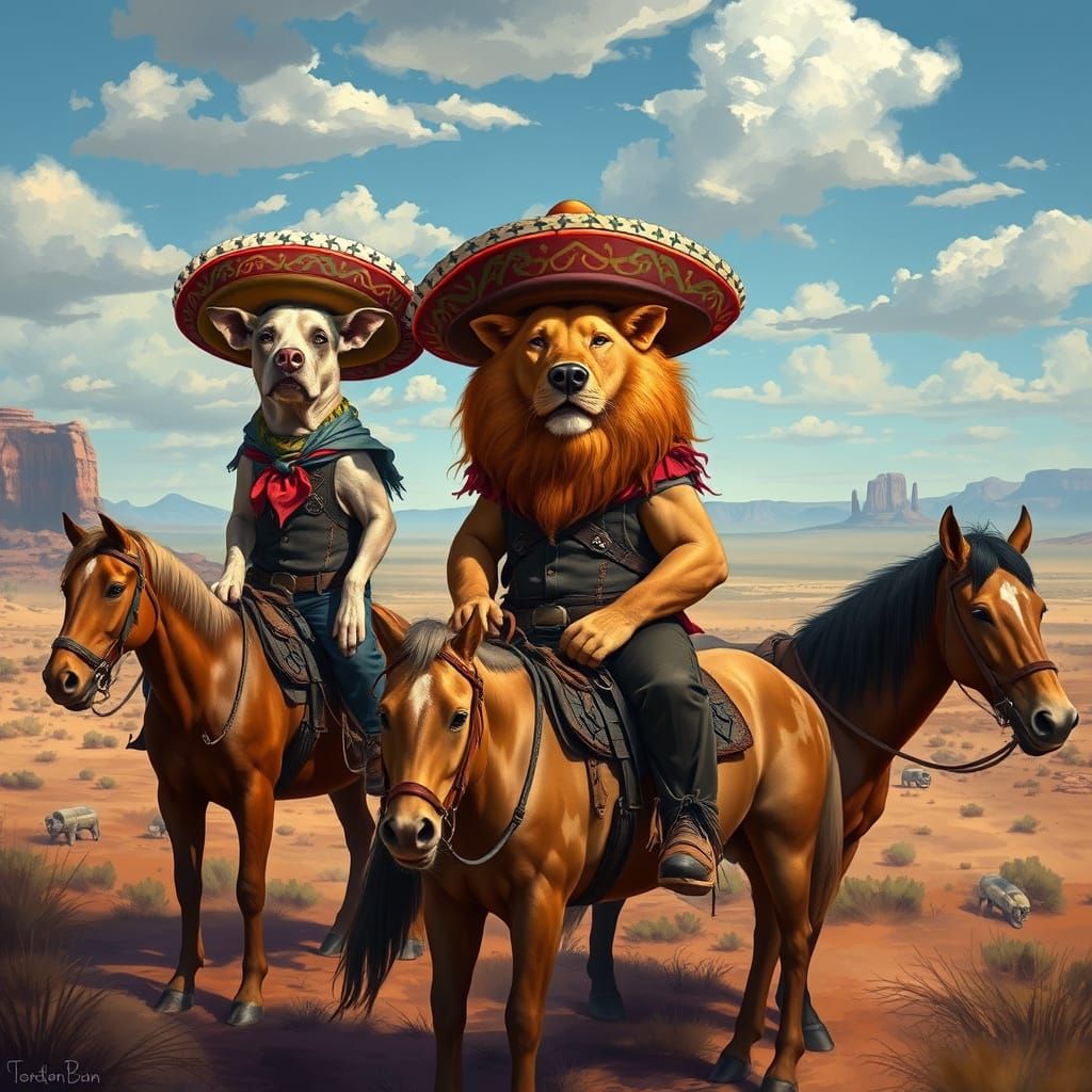 Cowboy Animals Ride Across Western Landscape