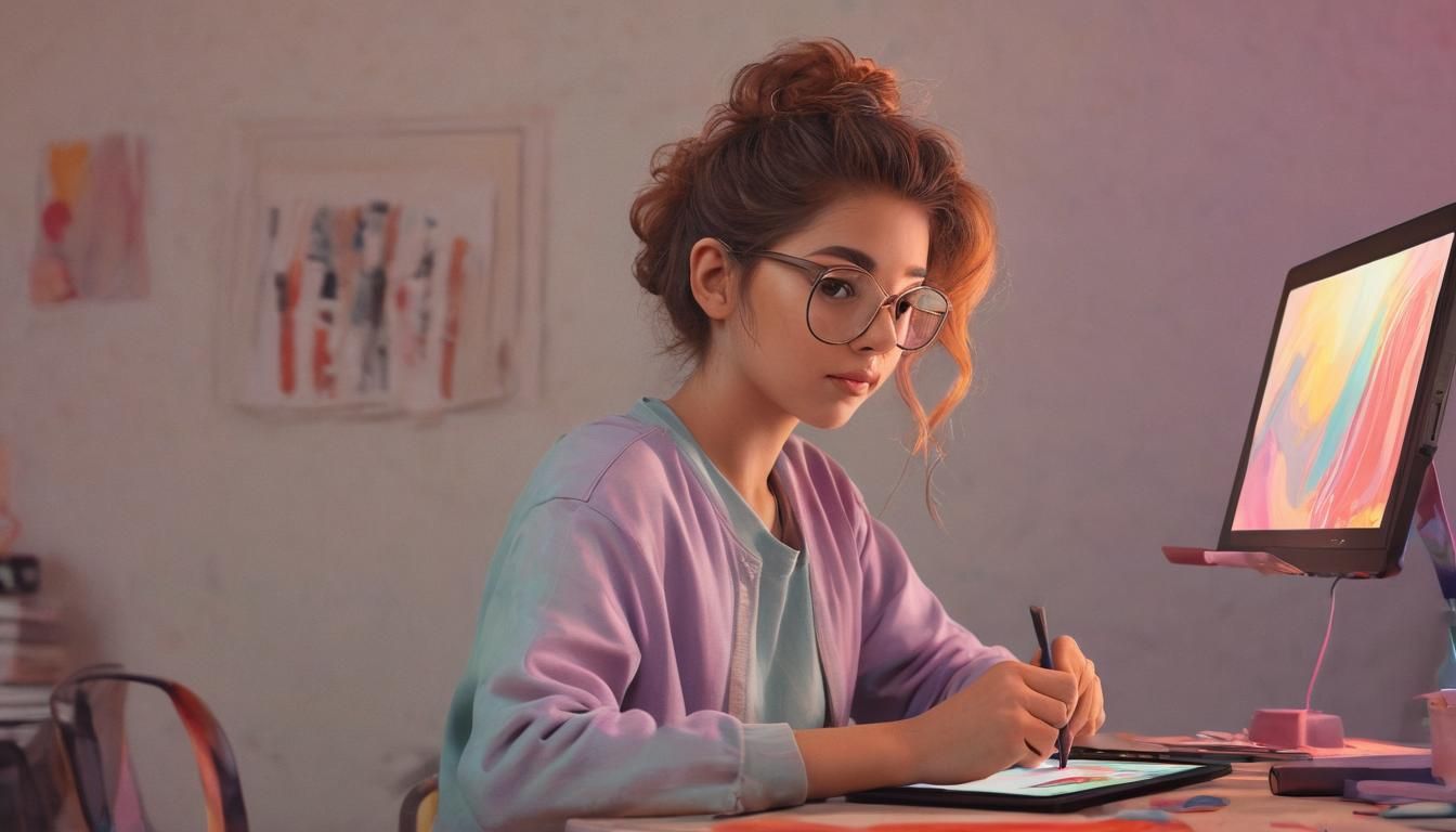 Young Artist at Desk: Digital Art Illustration