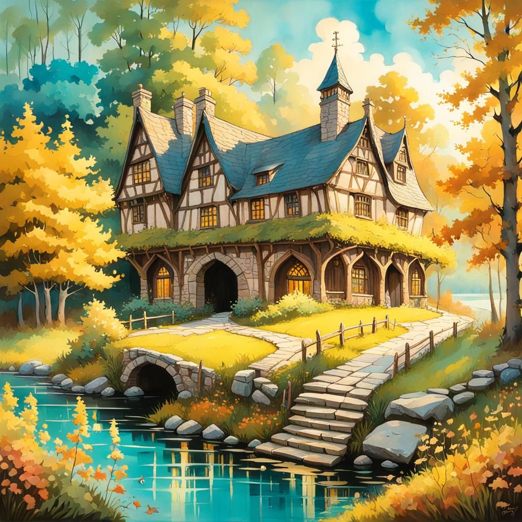 Ethereal Cottagecore Tavern in Autumnal Sunset