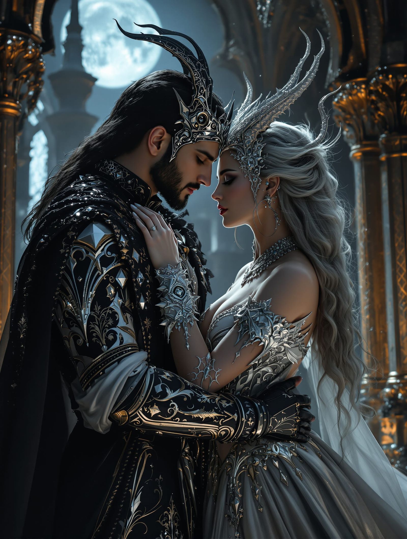 Jinn King & Goddess Embrace in Gothic Fantasy