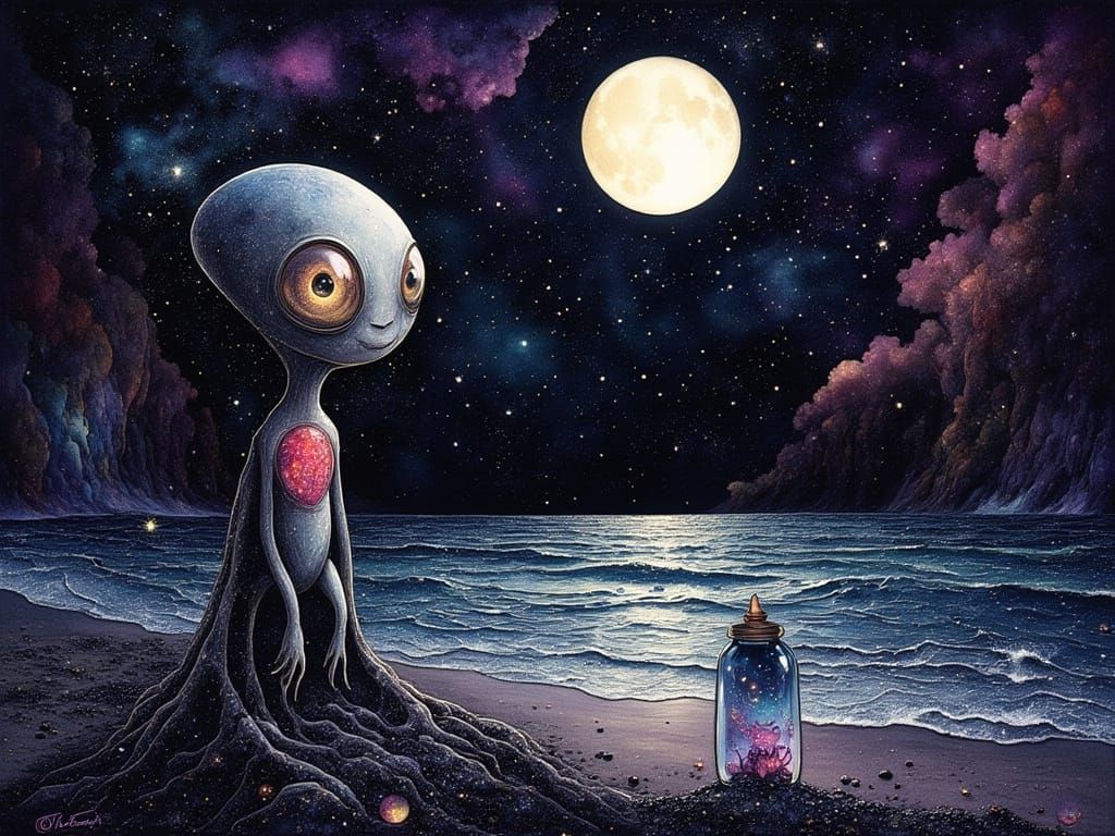 Whimsical Alien on Starry Black Sand Beach