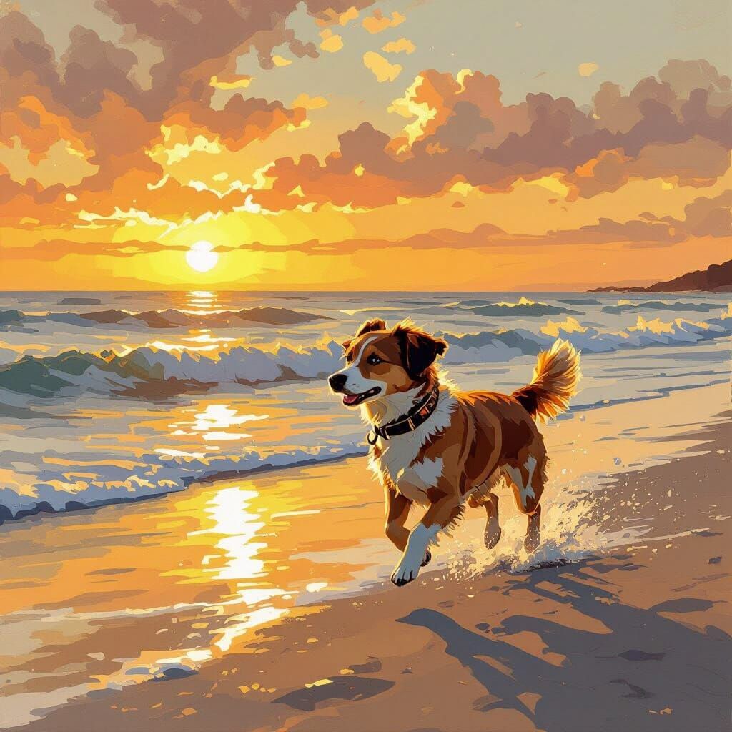 Dog Running on Beach in Impressionist Style