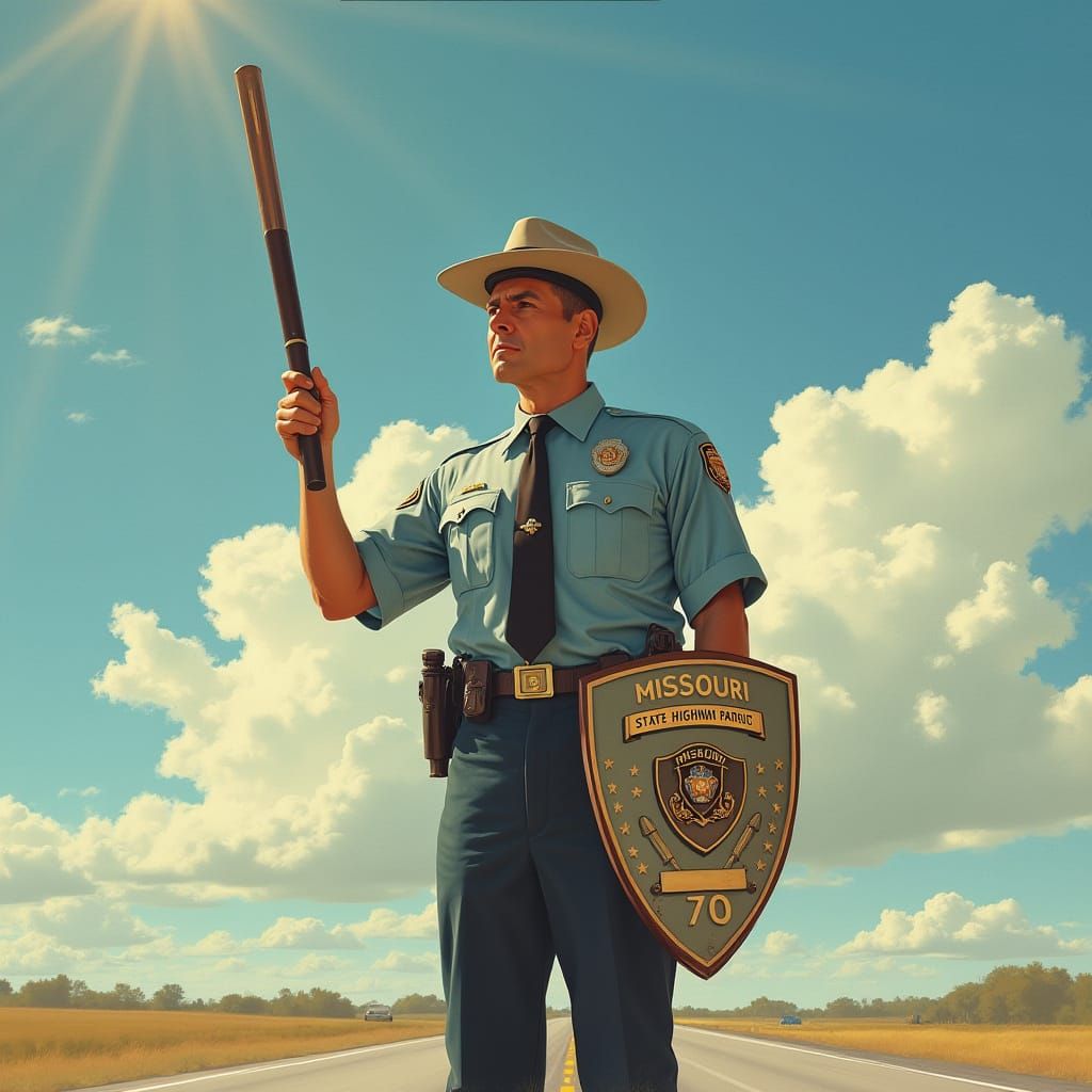 Patriotic Missouri Officer on I-70 in Rockwell Style