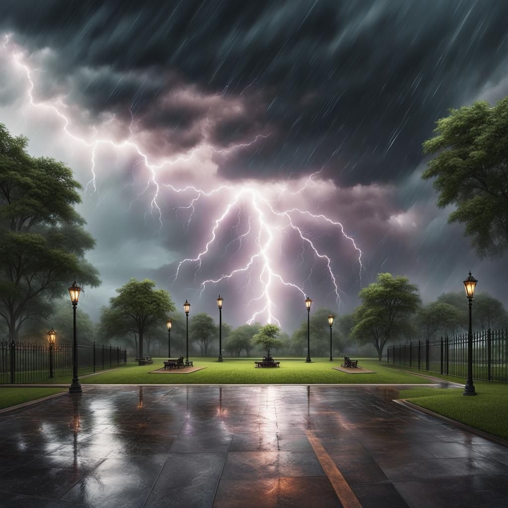 A park on a gloomy rainy day with dark stormy clouds and bold lightning strikes