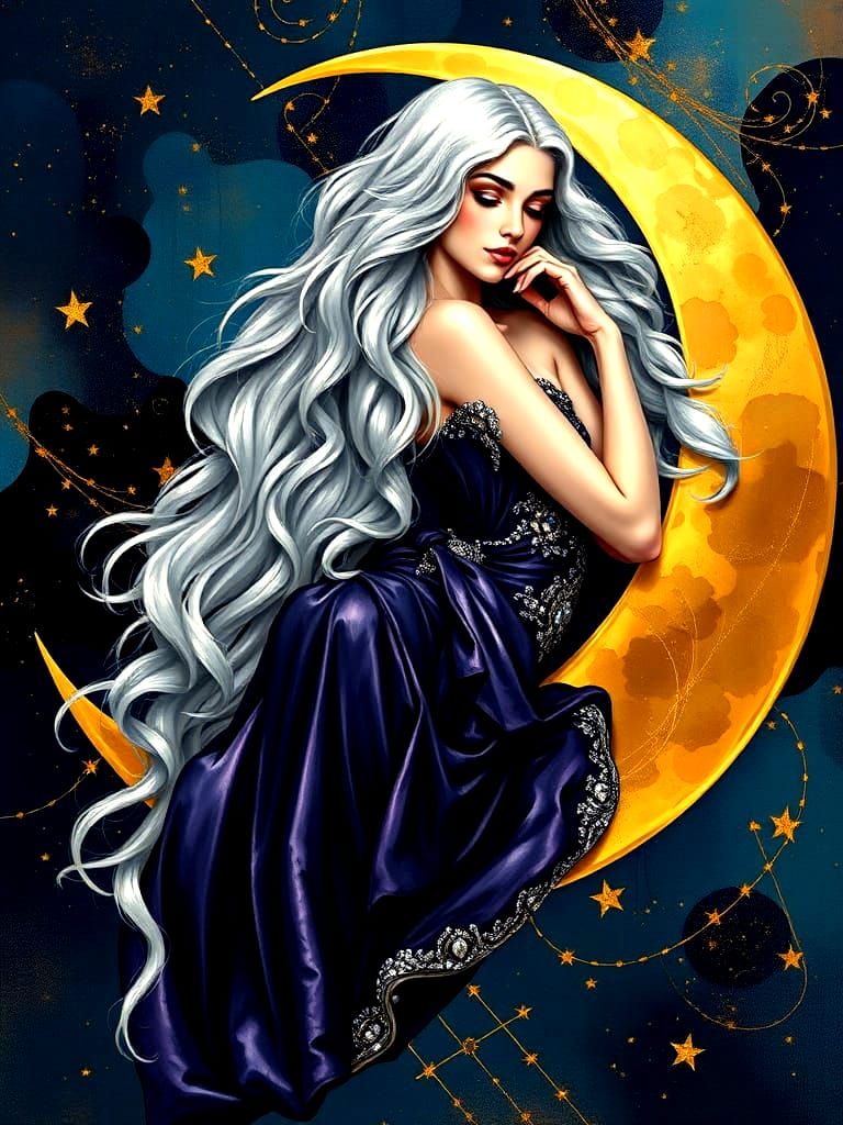 Woman on Crescent Moon in Art Nouveau Style