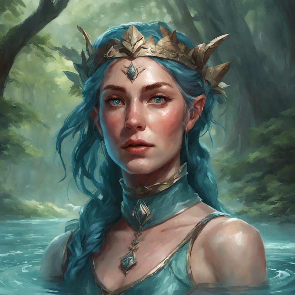 Auburn-Haired Elf Cleric Portrait in Forest Pool