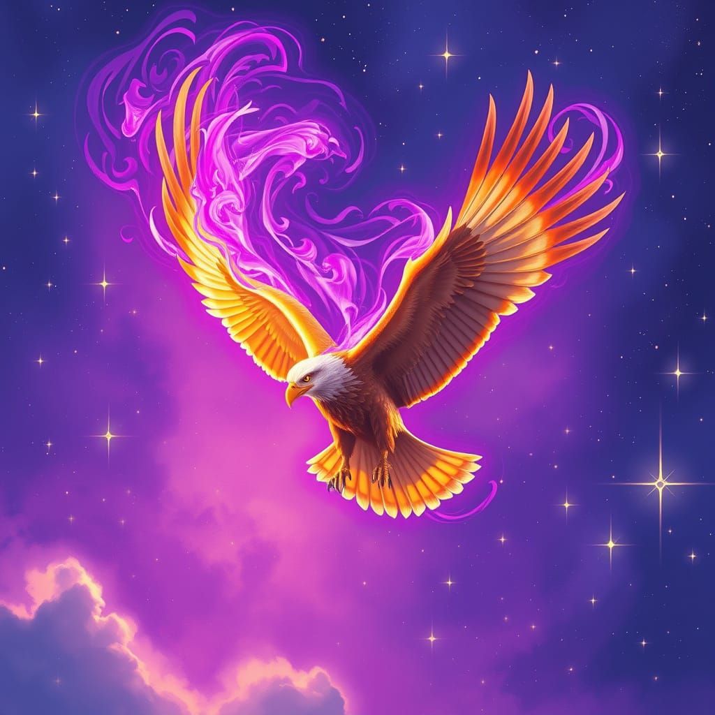 Golden Eagle Soaring Through Violet Starry Sky
